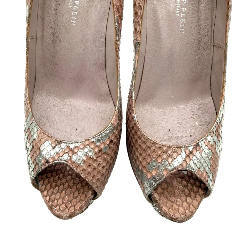 Philipp Plein Peep Toe Platform Heels Snakeskin Print Pink Silver Size 38‎